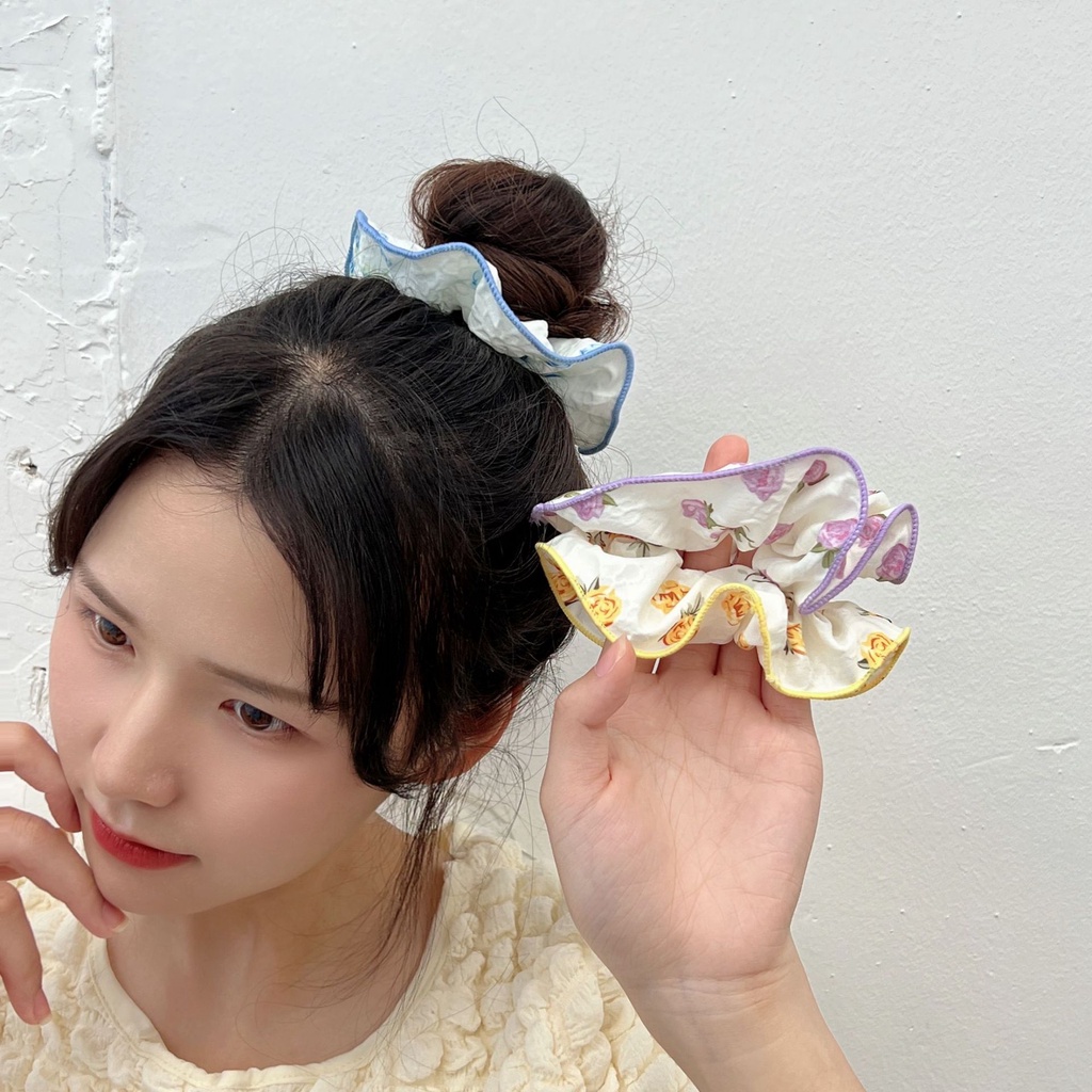 Dây cột tóc vải scrunchies hoa có viền phong cách Hàn Quốc siêu xinh DCV
