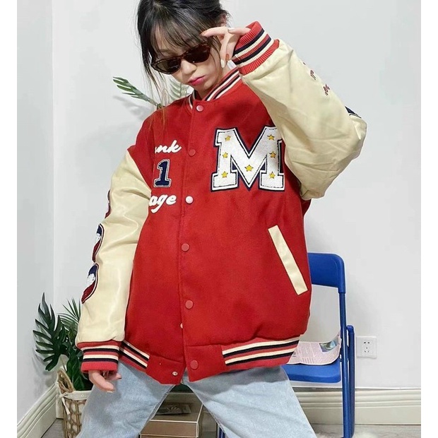 Áo Khoác Bomber Nữ Chất Nỉ Pe Loại 1 Nút Bấm Phối Tay Có Chữ, Logo Chữ M Nét Kiểu Dáng Năng Động Form Rộng Mặc Che Nắng