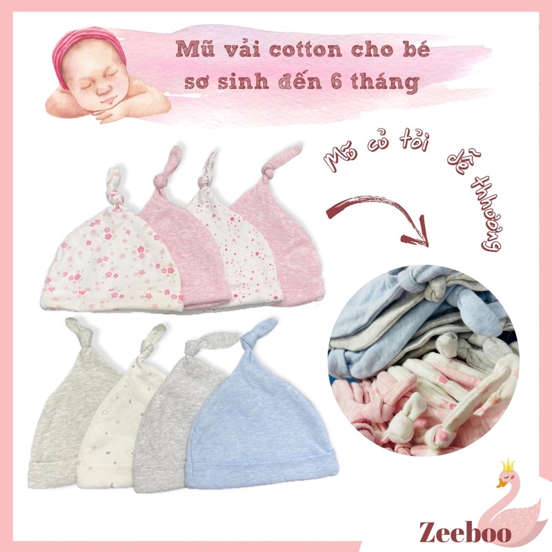 Set 2 mũ vải cotton củ tỏi cho bé sơ sinh - 6 tháng, chất vải mềm mại co giãn an toàn cho bé