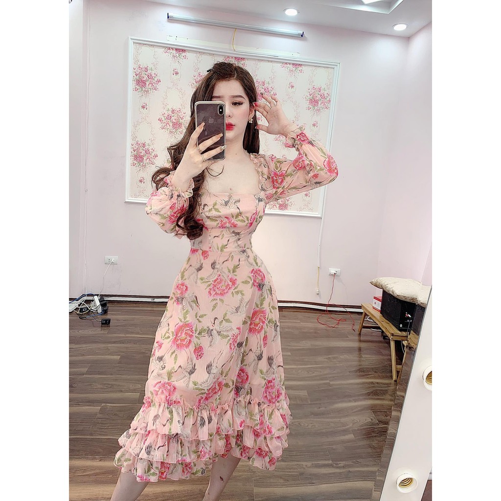 [HINOIS271] Đầm Maxi Tay Dài Cổ Vuông Dáng Dài, Có Bèo Ở Chân Váy, Kèm Lớp Lót Đầm, Chất Tơ Mát Mẻ, Thích Hợp Đi Biển | BigBuy360 - bigbuy360.vn