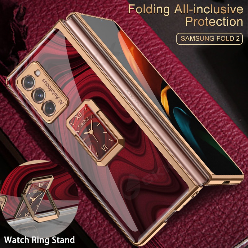 Ốp điện thoại mặt kính sang trọng với giá đỡ nhẫn cho Samsung Galaxy Z Fold 3 2 4 Z Fold4 Fold2 Fold3 5g