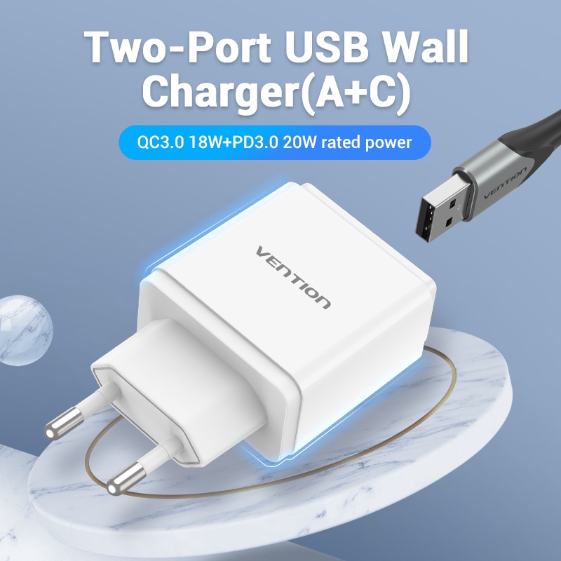 Củ Sạc Tường Vention Chuẩn Phích Cắm EU Hai Cổng Usb QC 3.0 / PD 3.0 Sạc USB 18W / 20W