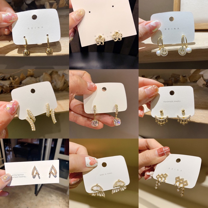 Bông Tai Mạ Bạc 925 Đính Đá Quý Hình Học Đơn Giản Phong Cách Hàn Quốc