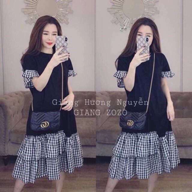 Đầm thun phối bèo caro