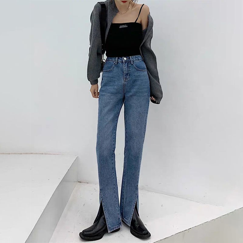 ∋Mùa xuân 2021 quần jean bootcut cạp cao màu đen của phụ nữ ống loe rộng và size MM dành cho người béo [được đăng