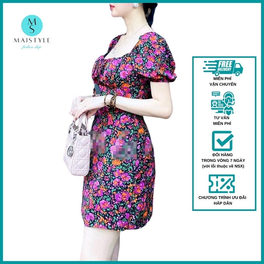 Váy hoa nhí MAISTYLE đầm body hoa nhí tay phồng cổ vuông trễ vai thiết kế đẹp dáng ngắn MY1113 | BigBuy360 - bigbuy360.vn