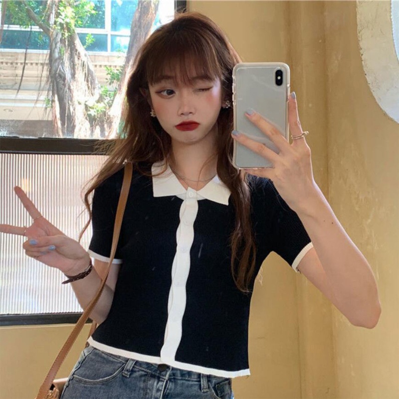 Brroa Áo Cardigan Dệt Kim Ngắn Tay Cài Nút Phối Màu Xinh Xắn Cho Nữ