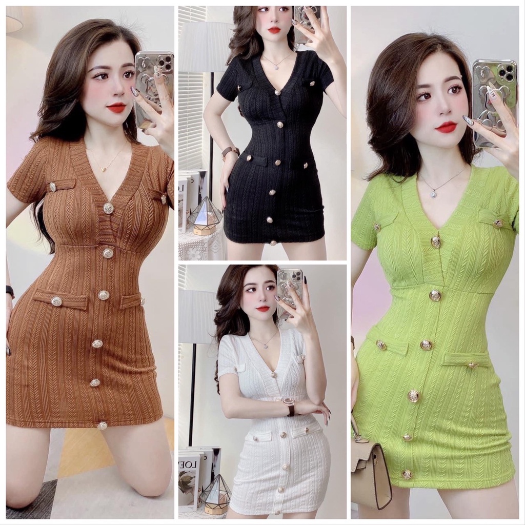 Đầm Body Có Tay Cổ V Nút Nhiều Cách Điệu