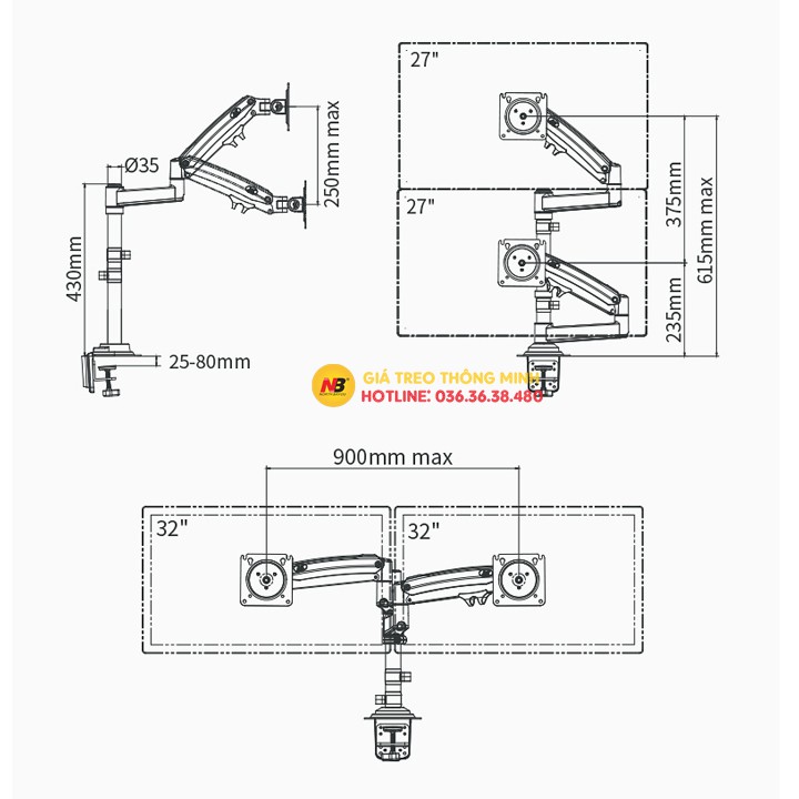 H180 / Giá Treo 2 Màn Hình NB H180 22 - 32 Inch / Tay Treo Hai Màn Hình Kẹp Bàn - Xoay 360 Độ [ Cao cấp hơn NB F160 ]