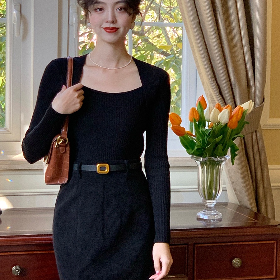 SUXI Áo Sweater Dệt Kim Cổ Vuông Màu Sắc Cổ Điển Thời Trang Mùa Thu Cho Nữ