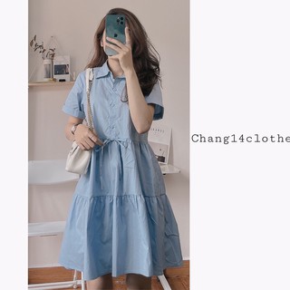 Váy babydoll cổ sơ mi kèm nơ
