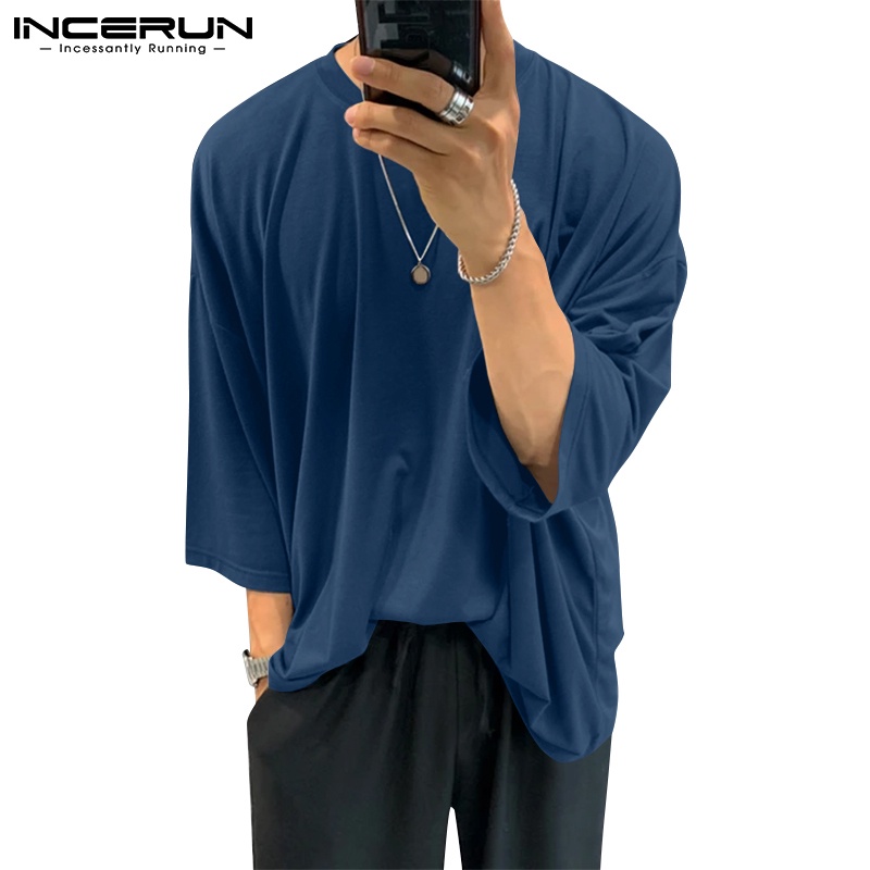 Áo thun INCERUN cotton tay lỡ cổ tròn màu trơn thời trang mùa hè cho nam giới