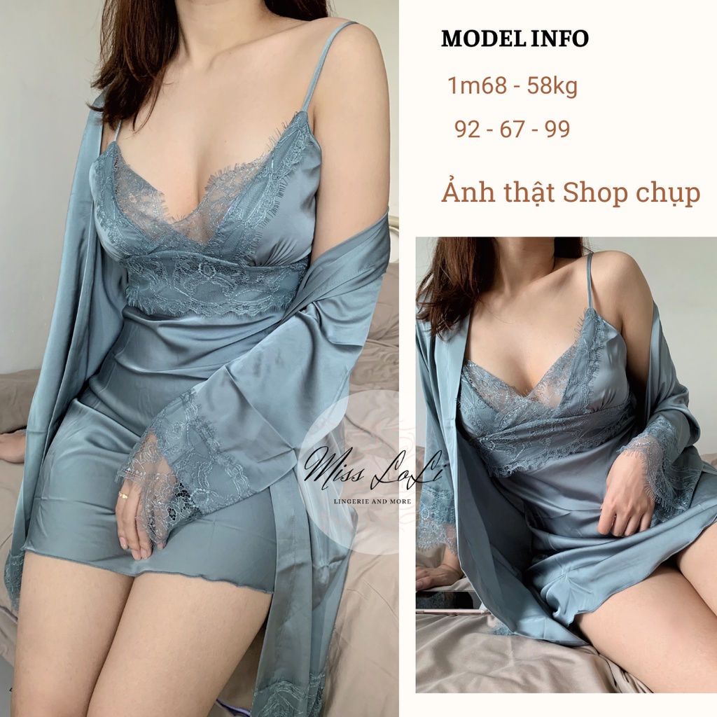 [FREESHIP] SET Váy Ngủ Lụa Kèm Choàng Ren Cao Cấp, Váy Ngủ Lụa Hở Lưng Sexy