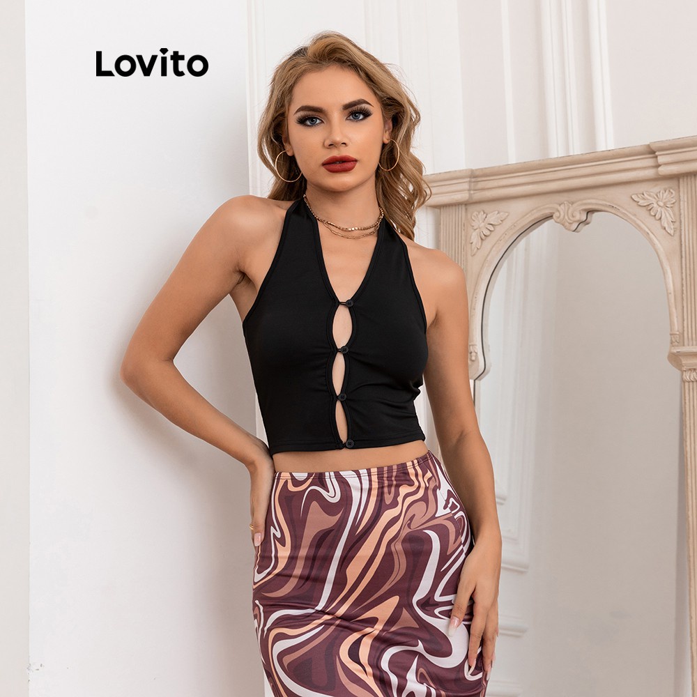 Áo Ba Lỗ Lovito Khoét Lỗ Cổ Yếm Hở Lưng Màu Trơn Tôn Dáng L06145 (Màu Đen)