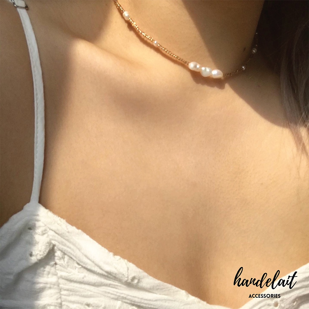 Vòng Cổ Handelait Đính Hạt Đá Nhân Tạo Mix Hạt Cườm Chốt Chất Liệu Cao Cấp Màu Beige Nữ Tính Thanh Lịch