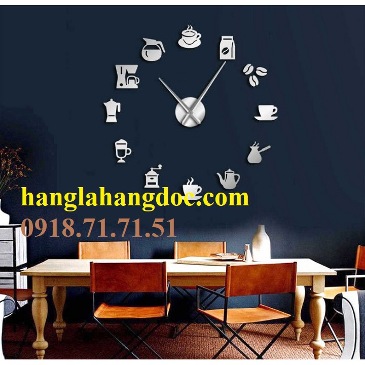 Đồng hồ dán tường cỡ đại chủ đề cafe độc đáo version 19, đường kính dán từ 0.9 - 1.4m