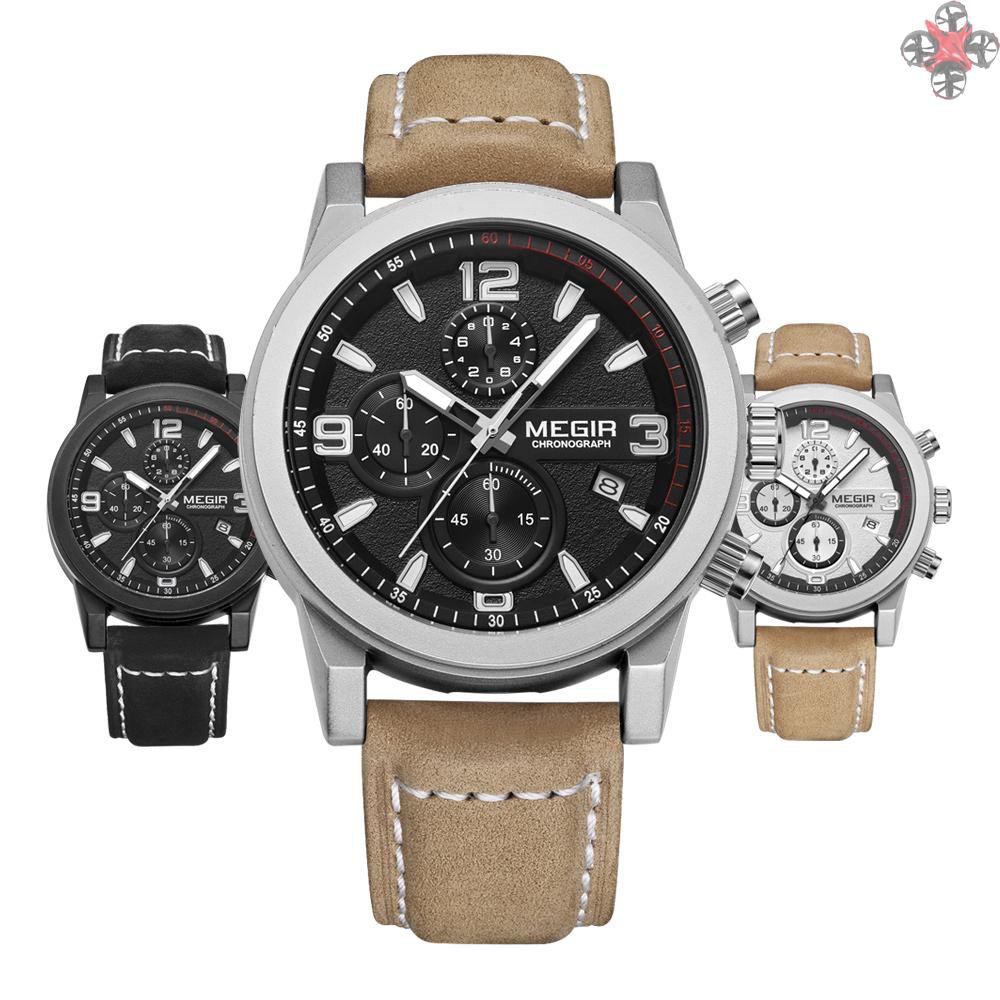 CTOY MEGIR Classic Well Made Soft Genuine Leather Analog Quartz Wristwatch 3ATM Water Resistant Man Watch with Sub-dial