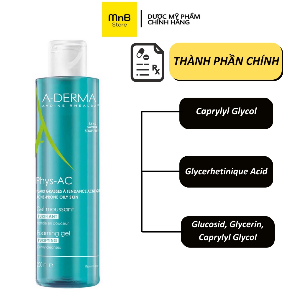 Sữa rửa mặt Aderma Gel Moussant Purifiant PhysAC cho da dầu mụn, nhạy cảm 200ml - Thutrang Paris
