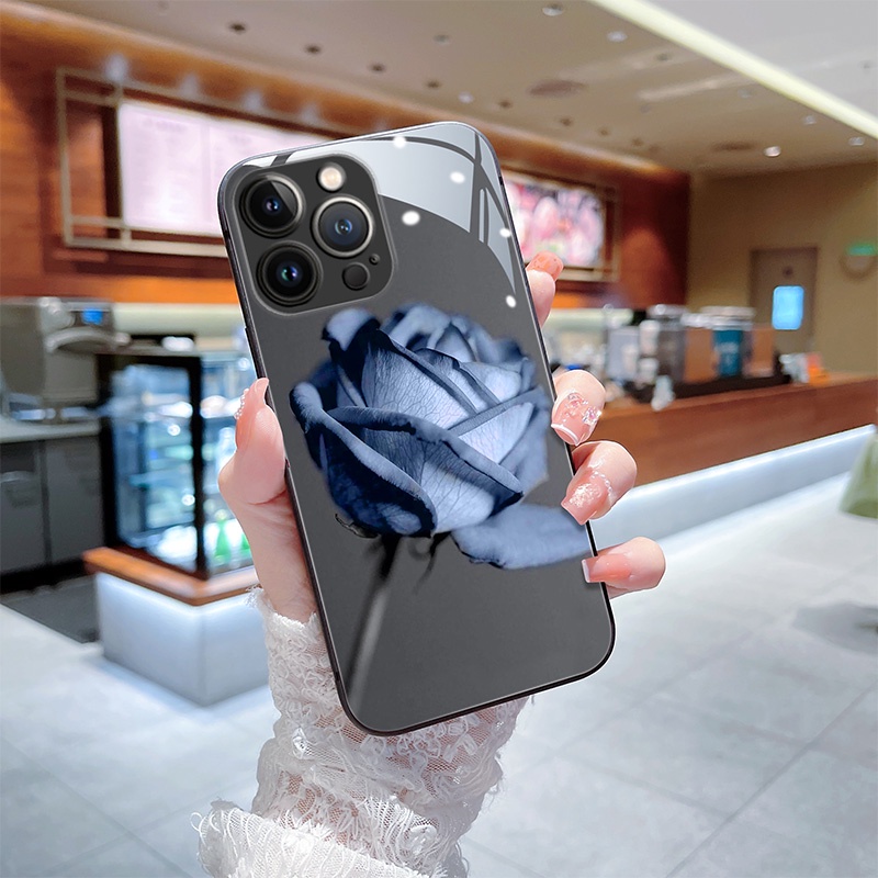 Ốp Điện Thoại Mặt Kính Hình Hoa Hồng Xanh Dương Cho iPhone 14 13 12 11 Pro Max X XS XR 8 7 6 Plus
