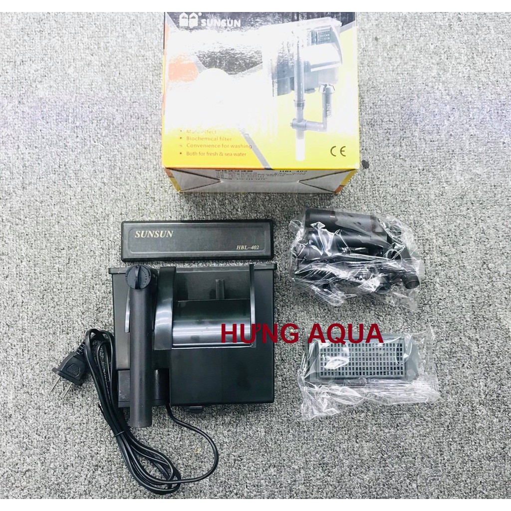 Lọc thác bể cá SunSun HBL 402 2W, Hết hàng HBL 403 5W tiết kiệm điện, tích hợp lọc váng (chính hãng)