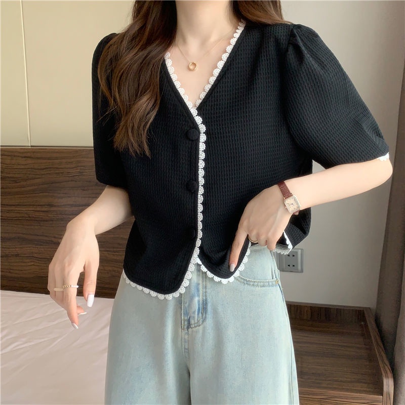 Áo Sơ Mi Cổ Chữ V Tay Ngắn Viền Ren Kiểu Dáng Mới Dành Cho Nữ