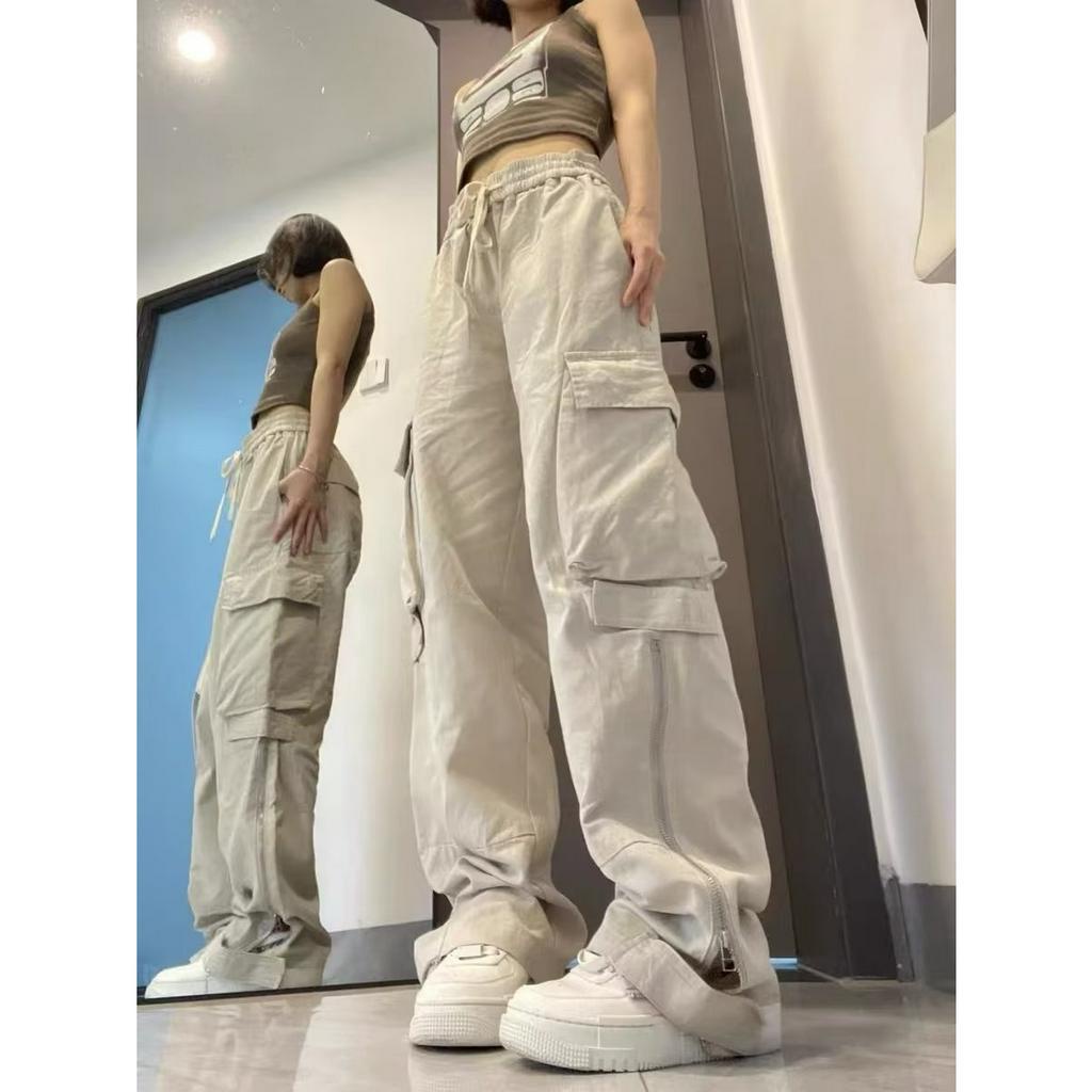 QADCOL Quần Dài Dáng Suông Rộng Phối Nhiều Túi Phong Cách retro Mỹ Dành Cho Nữ