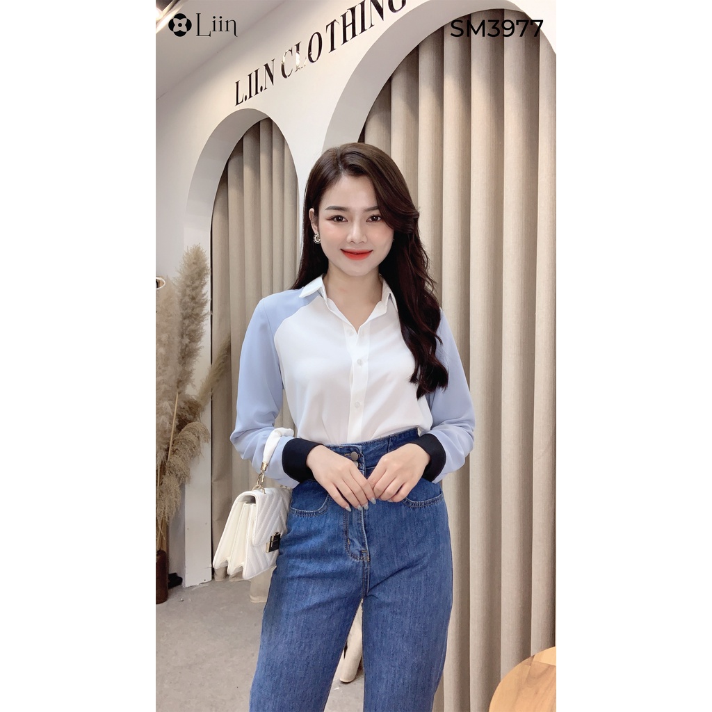 Áo sơ mi chất vải đũi màu trắng tay xanh thiết kế trẻ trung, thanh lịch  Liin Clothing SM3977