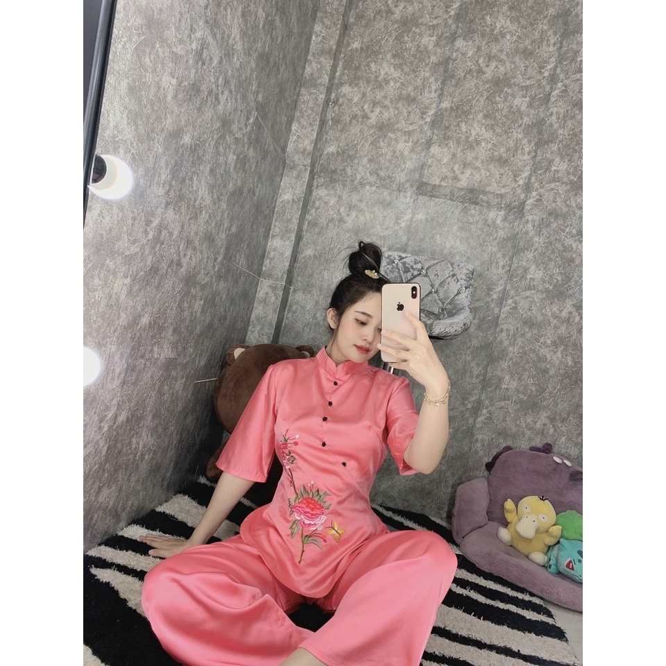 Đồ Lam Đi Chùa #Mẫu Hoa Xuân Lụa Satin# Quần Áo Nữ