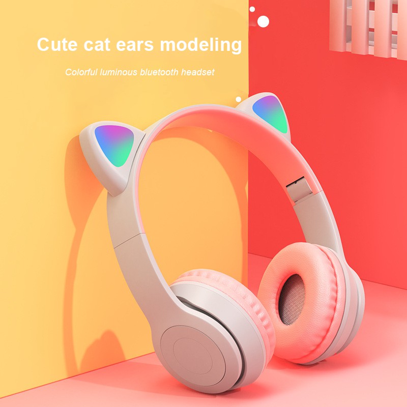 Pulierde P47m Wireless Bluetooth5.0 Headset Cute Cat Ears LED Effect With Mic