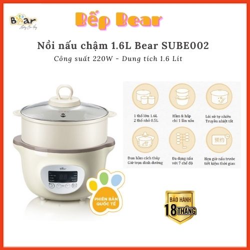 Nồi Nấu Cháo Chậm, Nồi Nấu Chậm 1,6L, Nồi Đa Năng Kèm Lồng Hấp, Bảo Hành 18 Tháng