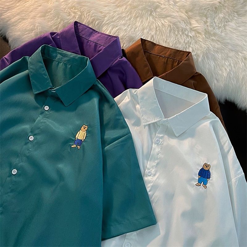 Áo Sơ Mi Tay Ngắn Dáng Rộng Cổ Polo Thêu Họa Tiết Dễ Thương
