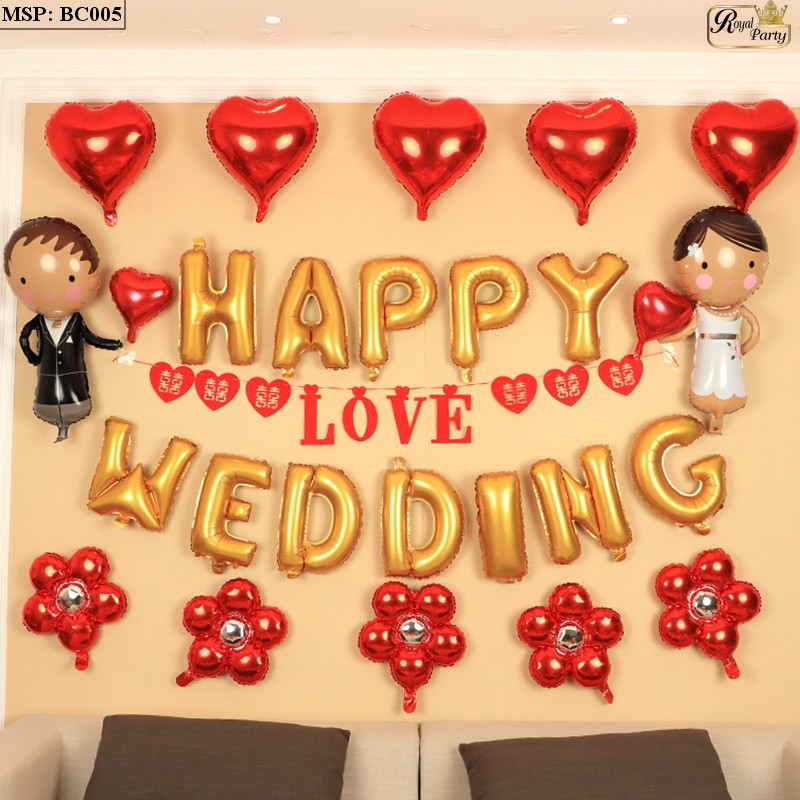 (Hàng Đẹp Cao Cấp) Combo bóng chữ Happy wedding+ bóng cô dâu chú rể + bóng tim + hoa