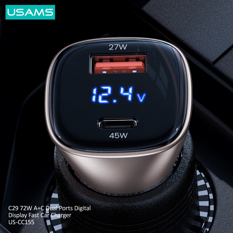 Usams Thiết Bị Sạc Nhanh Điện Thoại / Máy Tính Bảng 72W 45W PD QC 3.0 AFC FCP Màn Hình Kỹ Thuật Số Cho Xe