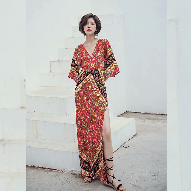 Đầm Maxi Hoa Cổ V Thanh Lịch Cho Nữ