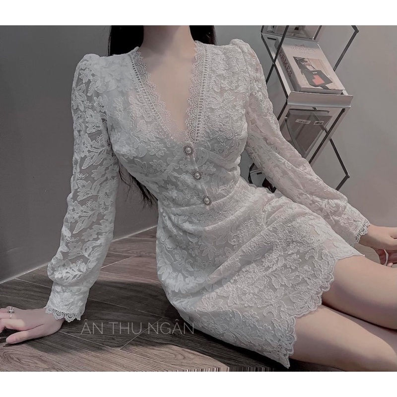 Váy ren dài tay thu đông cổ v tiểu thư sang chảnh