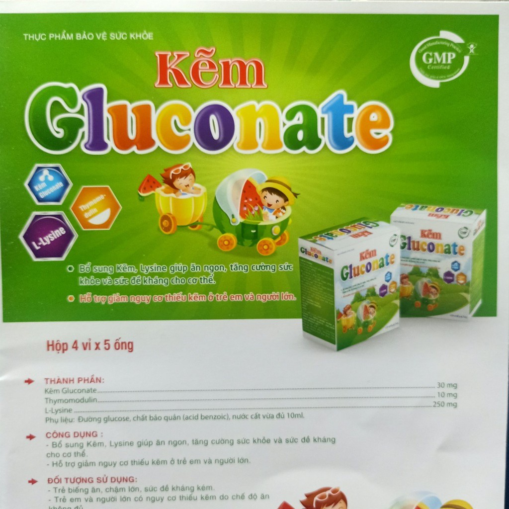 Kẽm Gluconate - Giúp Bổ Sung Kẽm, Lysine Giúp Ăn Ngon, Tăng Cường Sức Khỏe- Hộp 20 Ống