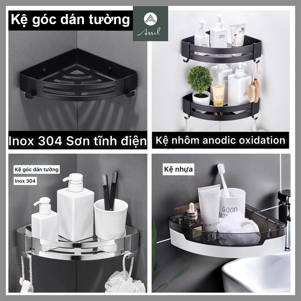 Combo kệ nhà tắm góc dán tường cao cấp, kệ inox 304, kệ nhựa, kệ nhôm