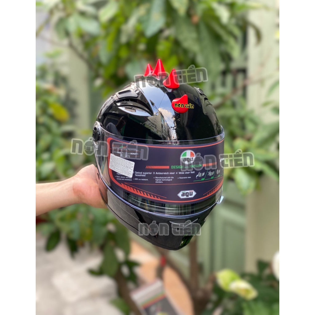Mũ fullface AGU đen bóng combo lên sừng khủng long cute, combo giá rẻ, TẶNG KÈM TÚI RÚT CHÍNH HÃNG và BH 12 THÁNG