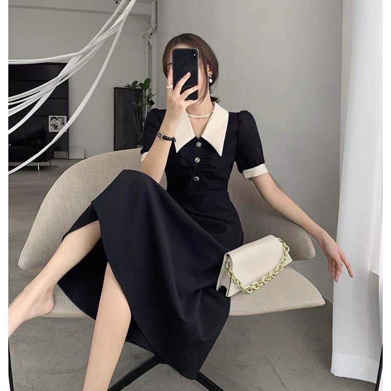 Đầm midi đen tùng xoè cổ trắng nút trước