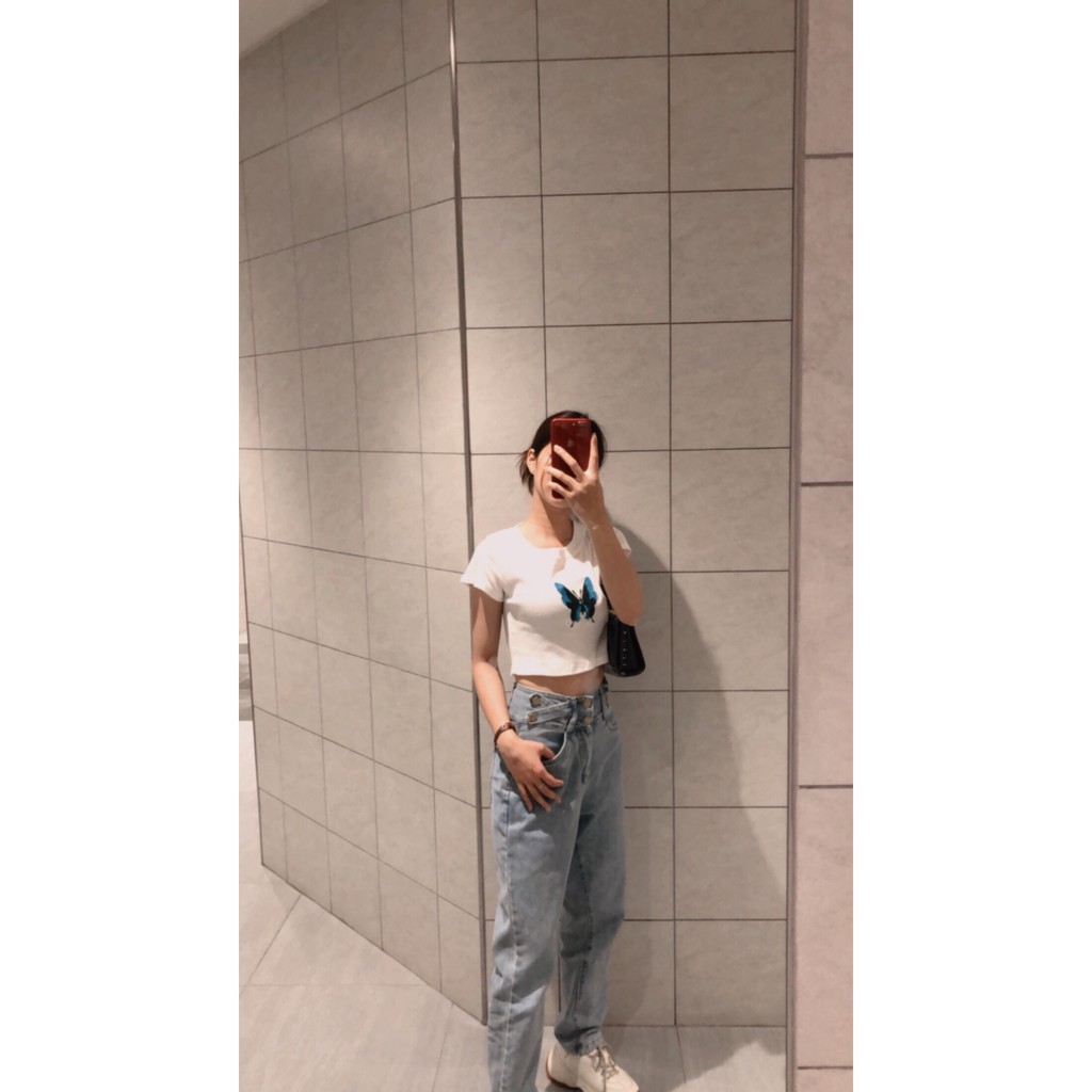 Áo croptop cộc tay, croptop thun gân tay ngắn thêu hình bướm, myl.fashion