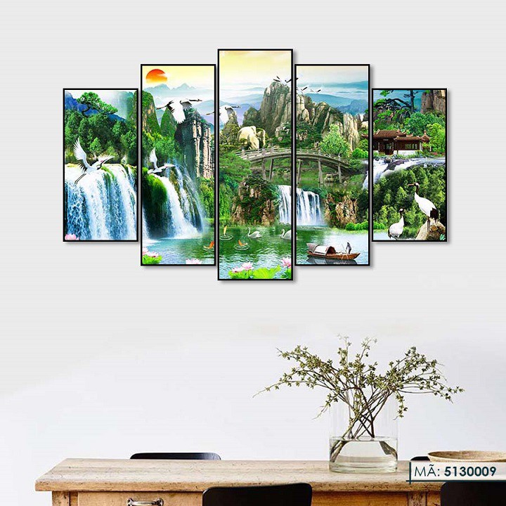 Bộ 5 Tấm Tranh Ghép treo tường Phong Cảnh Sơn Thủy Nhật Xuất Thiên Sơn trang trí phòng khách phòng làm việc phòng ngủ
