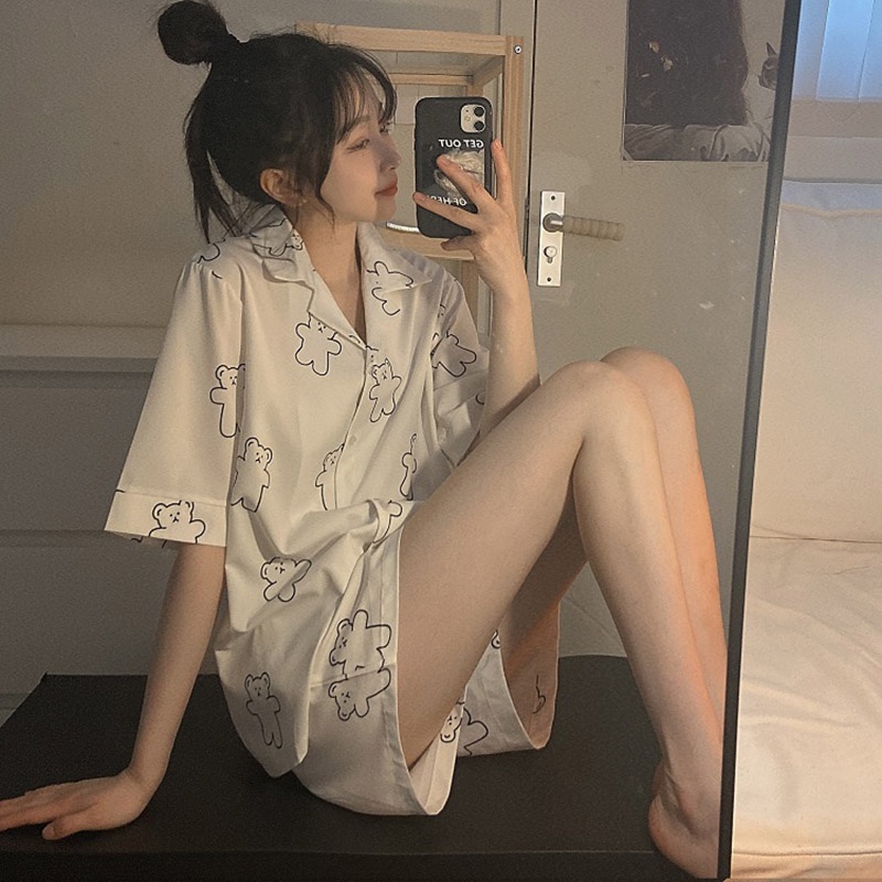 Bộ đồ ngủ ngắn tay in họa tiết phong cách hàn quốc thời trang mùa hè cho nữ