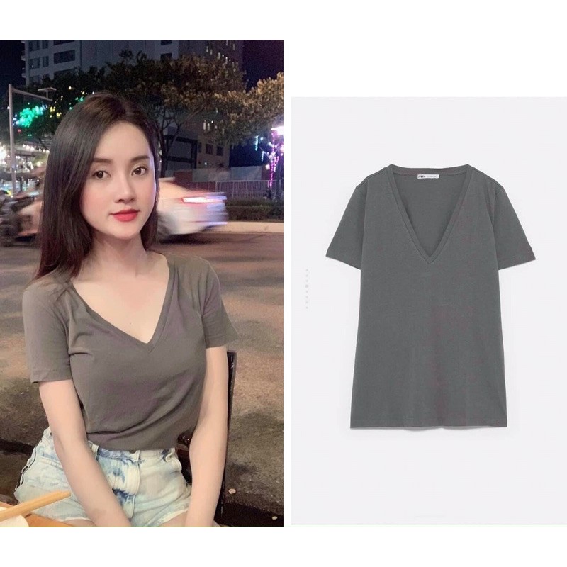 Áo thun nữ cổ tim chất cotton thoáng mát áo phông nữ cộc tay form rộng dài thời trang Banamo Fashion 312