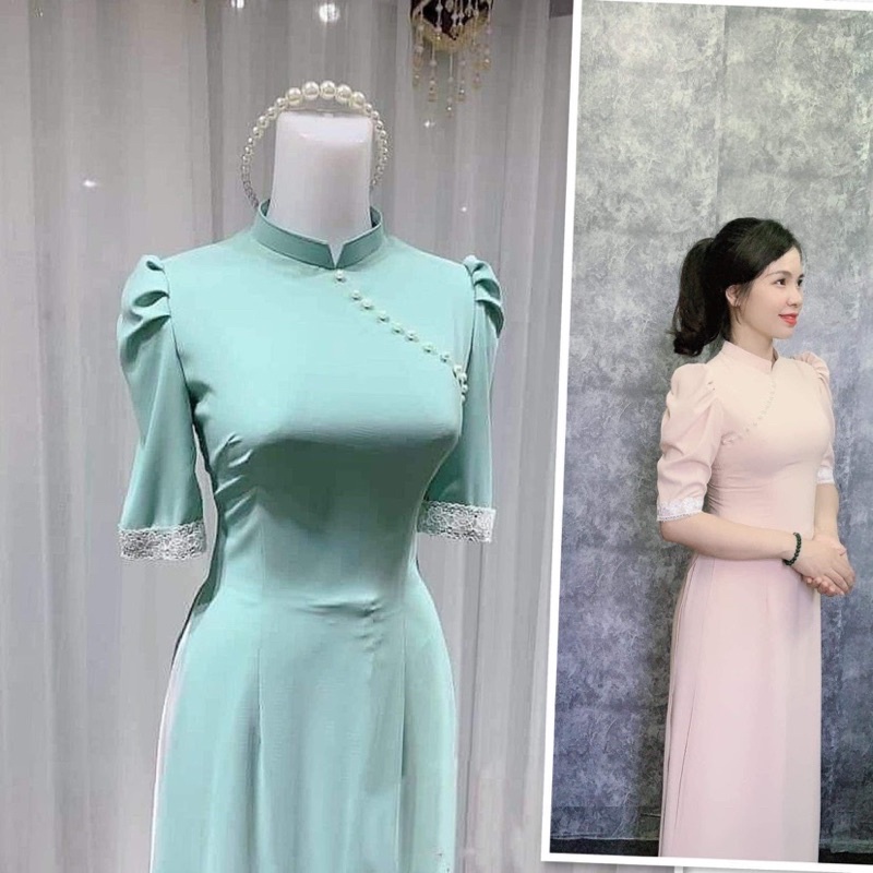 Pass Áo dài xanh mint tay lỡ Trương Tuyền, tay phối ren xếp ly cách điệu
