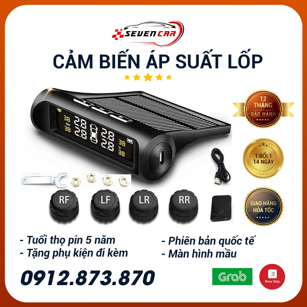 máy đo áp suất lốp xe hơi, oto TPMS màn hình LCD 4 cảm biến ngoài- Seven.car