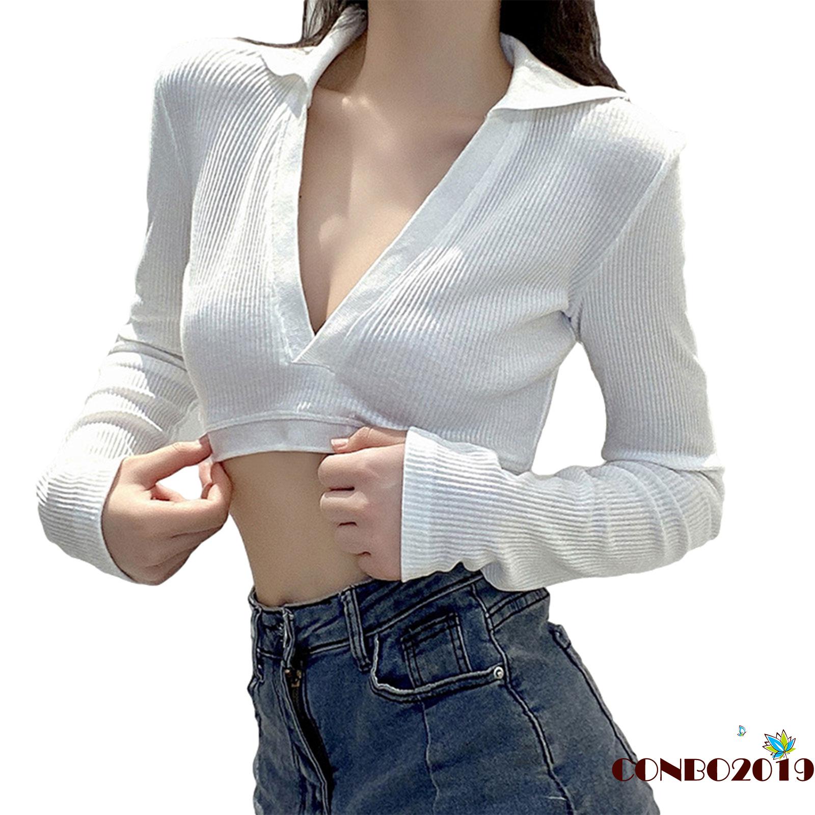 Áo Croptop Tay Dài Cổ Chữ V Màu Trơn Phong Cách Quyến Rũ | BigBuy360 - bigbuy360.vn