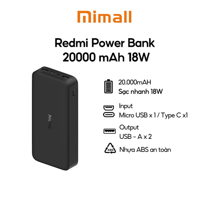 Pin Sạc Dự Phòng Xiaomi Redmi Power Bank 20000 mAh 18W - Chính hãng- BH 6 tháng