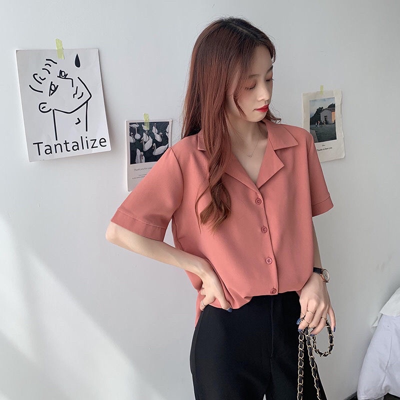 Áo sơ mi ngắn tay nữ cổ vest form rộng suông kiểu dáng basic unisex phong cách Hàn Quốc dễ kết hợp quần áo | BigBuy360 - bigbuy360.vn