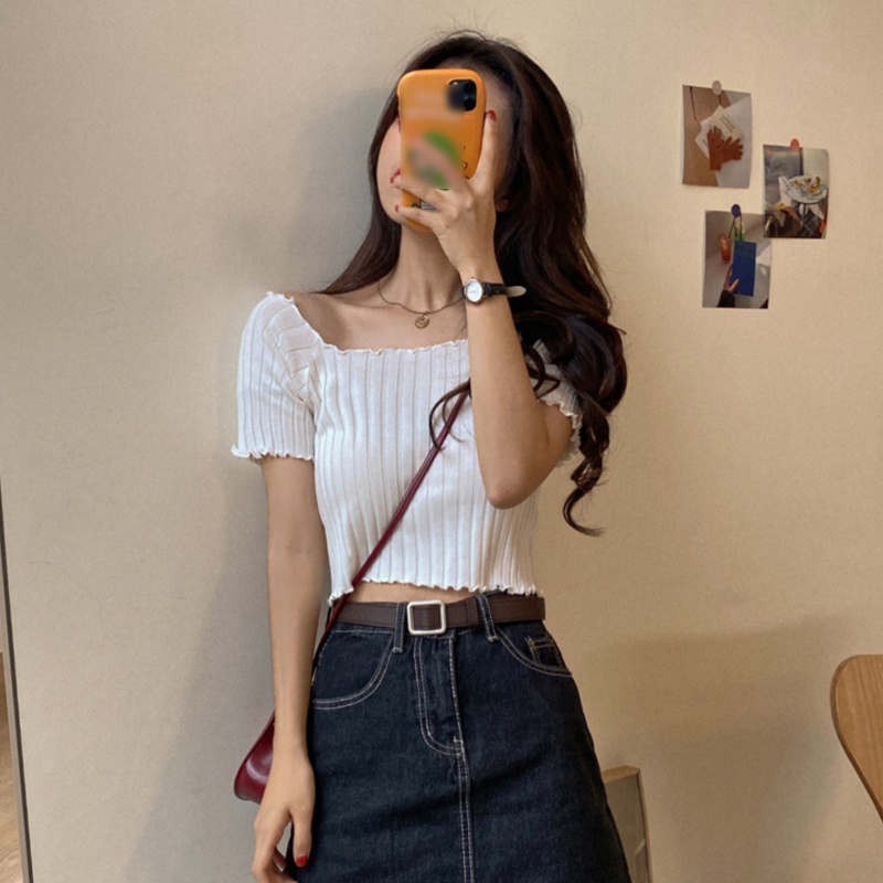 Áo Croptop Dệt Kim Trễ Vai Tay Ngắn Dáng Ôm Thời Trang Quyến Rũ Cho Nữ