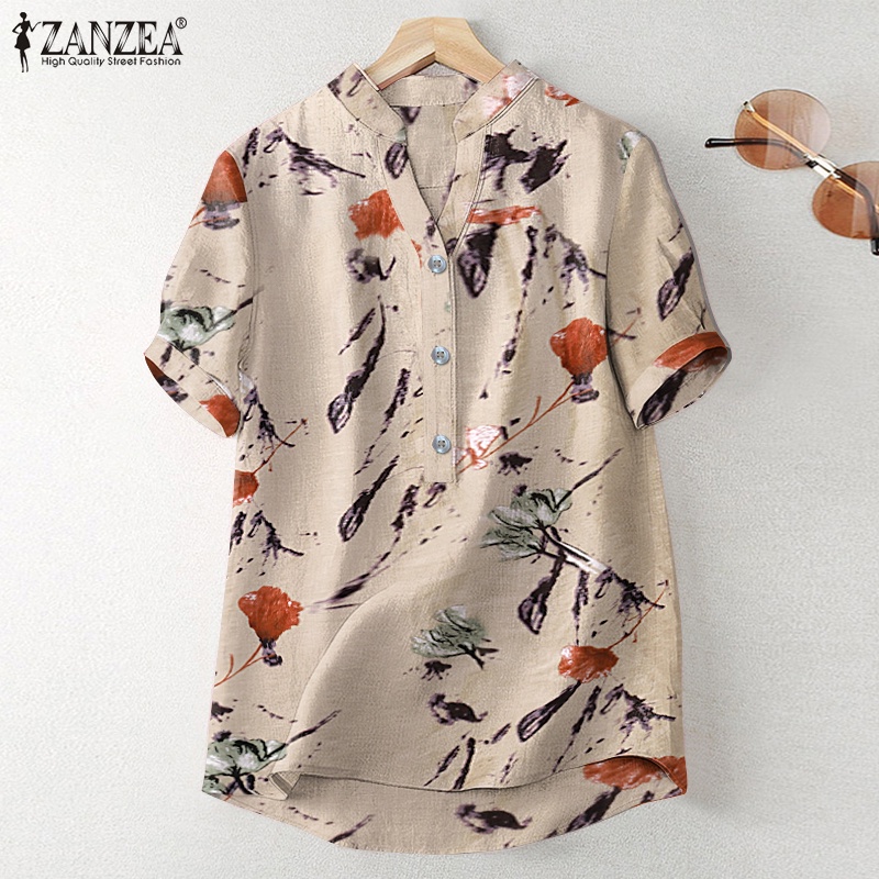 Áo sơ mi Zanzea tay ngắn cổ chữ V in họa tiết phong cách vintage dành cho nữ